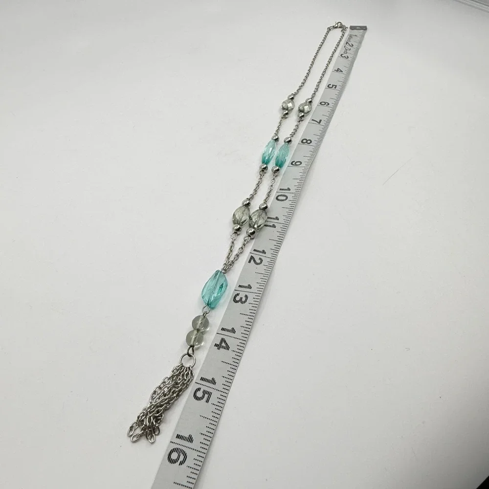 Necklace Turquoise Tone Green Bead Y Drop Silver Tone Chain Tassel Statement